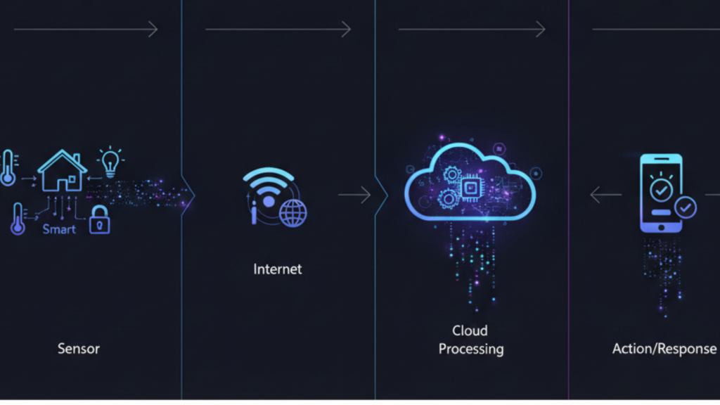 Diagram cara kerja sistem Internet of Things IoT berbasis cloud