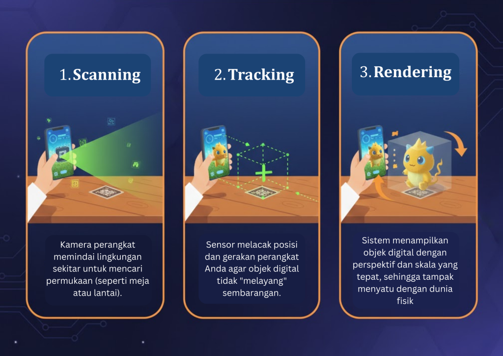 Infografis tiga tahap cara kerja Augmented Reality AR meliputi Scanning, Tracking, dan Rendering