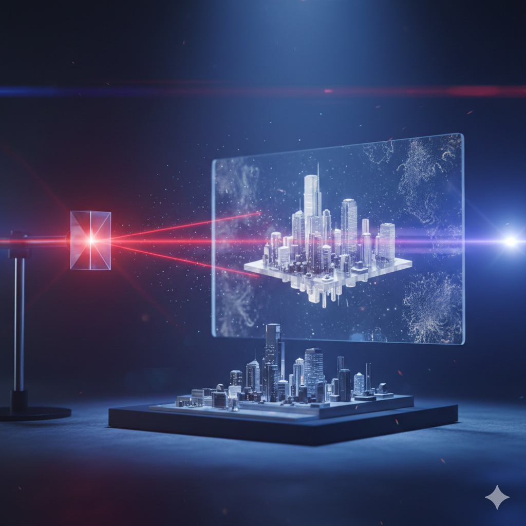 Skema prinsip kerja teknologi hologram melalui interferensi cahaya laserara