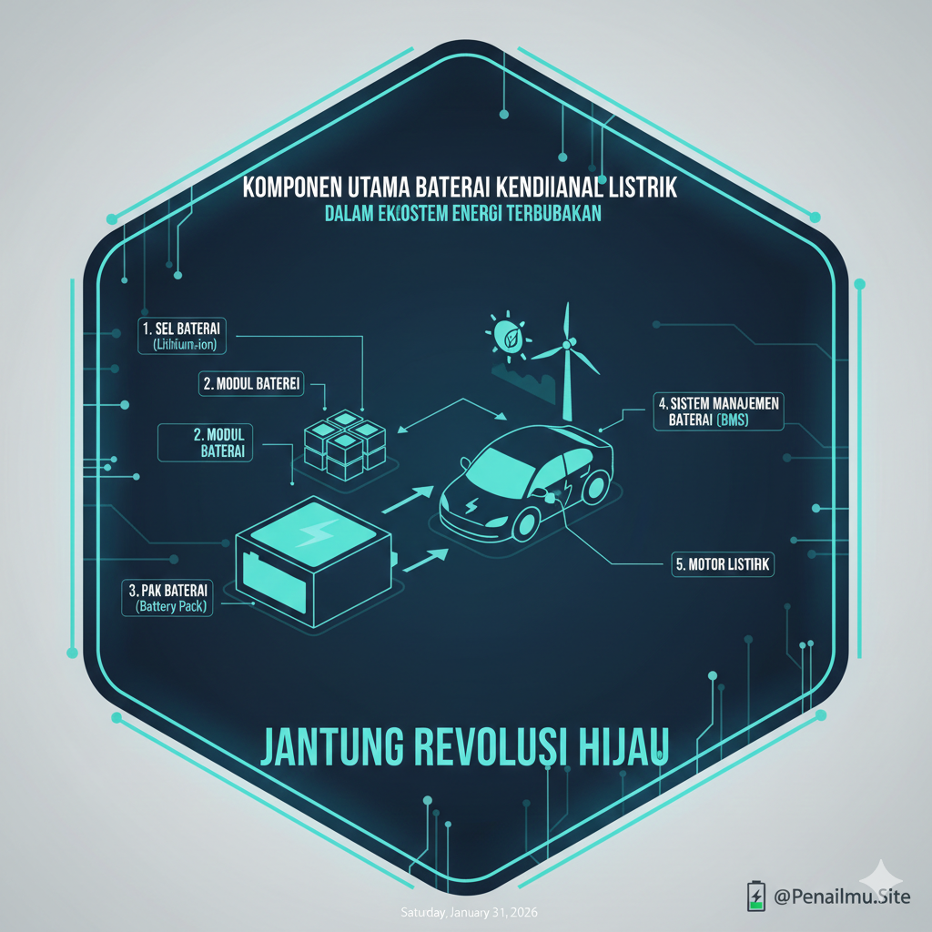 Komponen utama baterai kendaraan listrik meliputi sel lithium-ion, modul, dan sistem manajemen baterai BMS